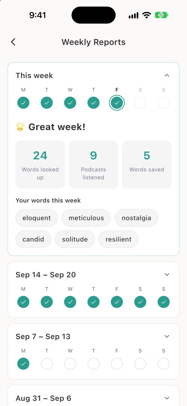 Weekly report with words looked up, podcasts listened and words saved